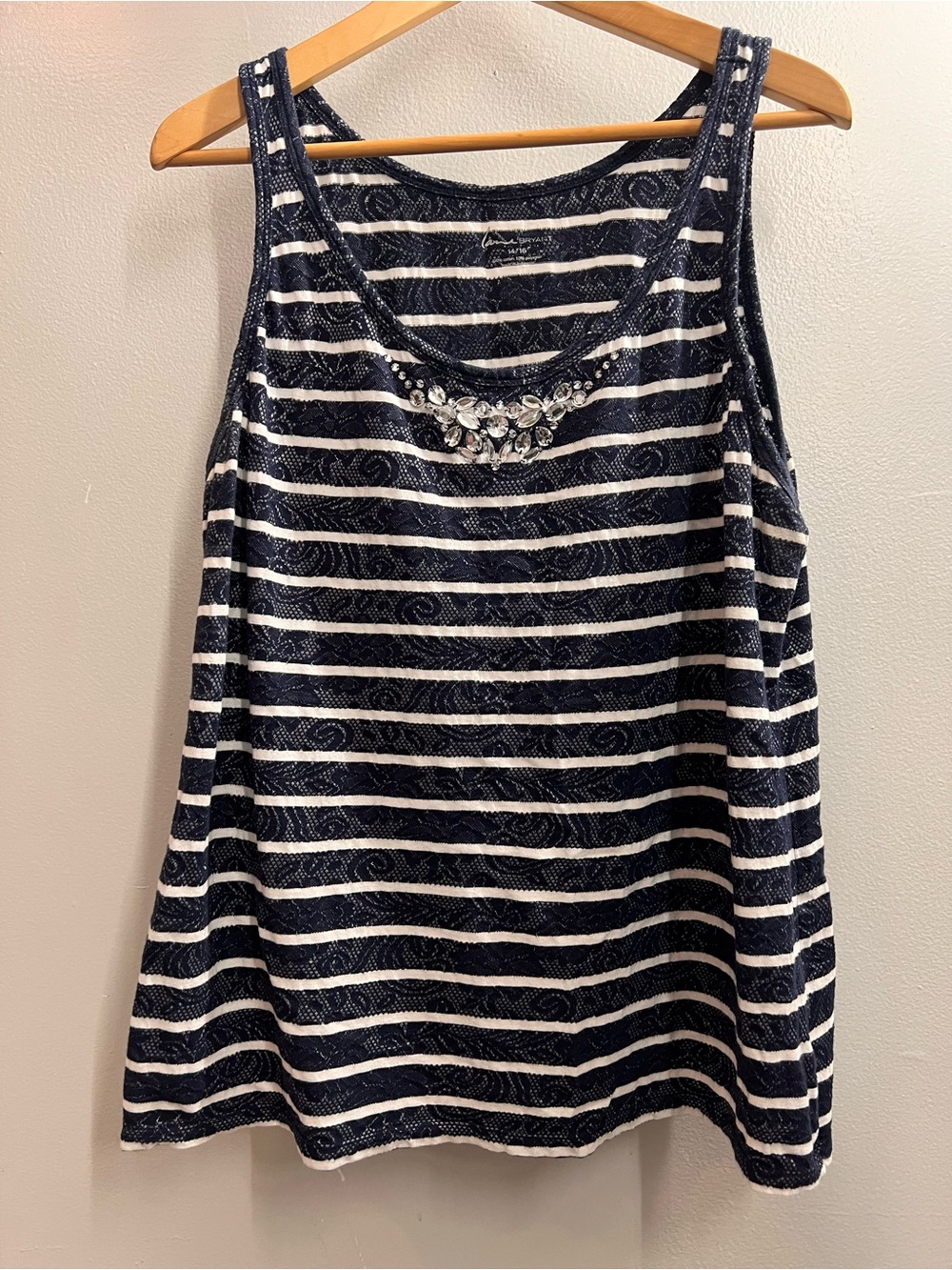 Lane Bryant Navy and White Striped Tank with Jewel Accent